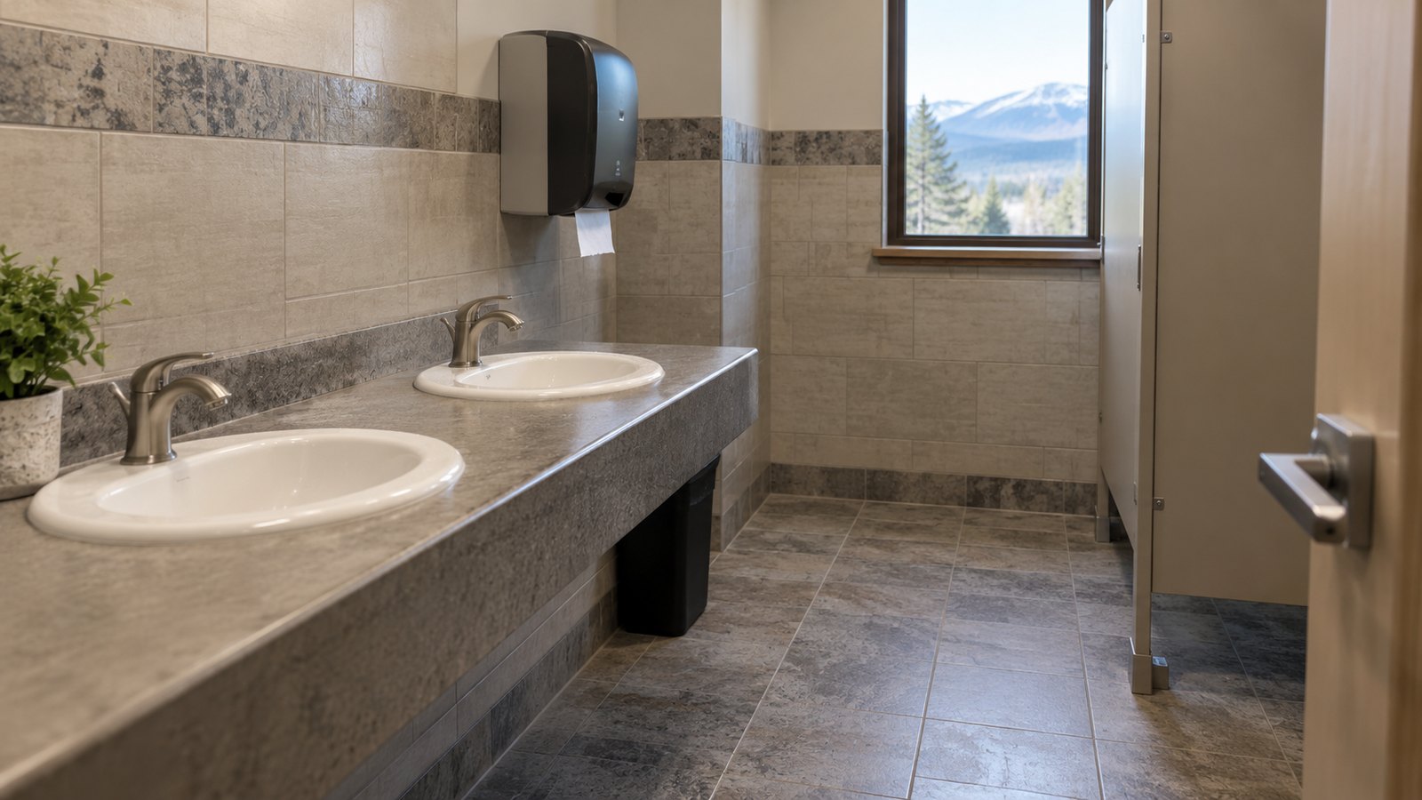 Commercial restroom with clean counters and sinks