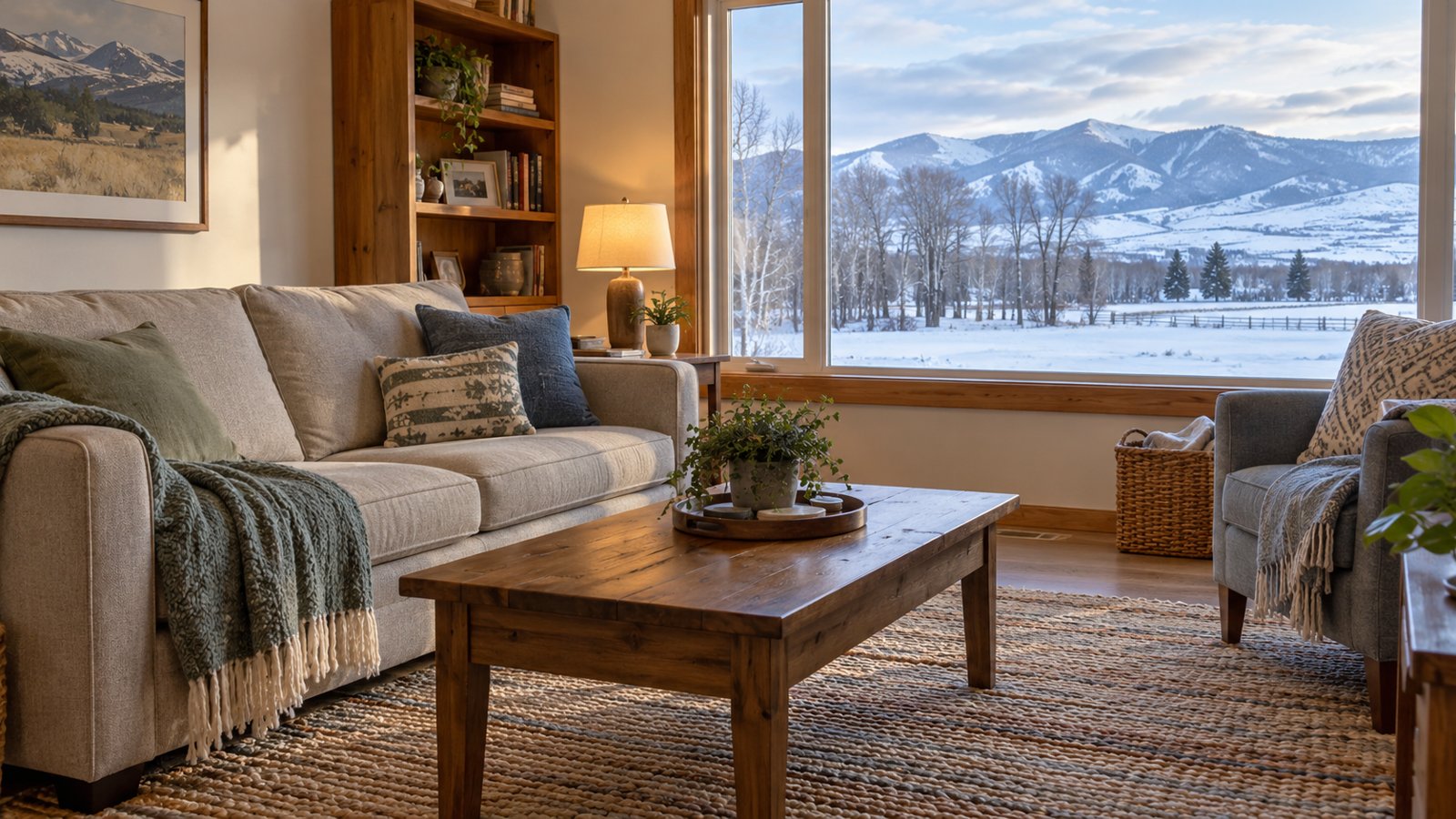 Comfortable living room with winter snow visible outside